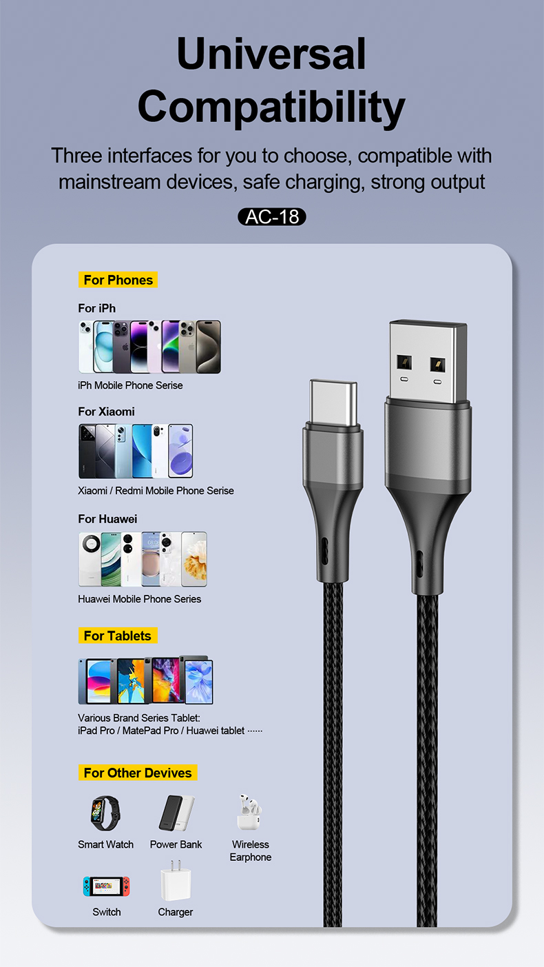01e54db9-92f3-4411-bc0f-67dd29196aa3.jpg ⚡ كابل بيانات ASPOR AC-18 USB-A إلى USB-C – شحن فائق السرعة وأداء احترافي 🔌 - الصورة 1