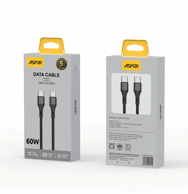 122101f5-21aa-4e85-9d21-c5611fb43b31.png 🔌 كيبل شحن ونقل بيانات ASPOR AC-19 USB-C إلى USB-C – قدرة 60 واط - الصورة 1