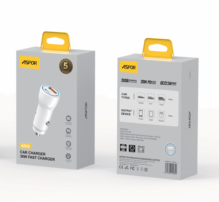326ee11a-294f-4228-a3c6-fcbb32a68201.png 🚗⚡ شاحن سيارة ASPOR A907 بقوة 38 واط – شحن سريع ومزدوج المنافذ 🔋 - الصورة 1