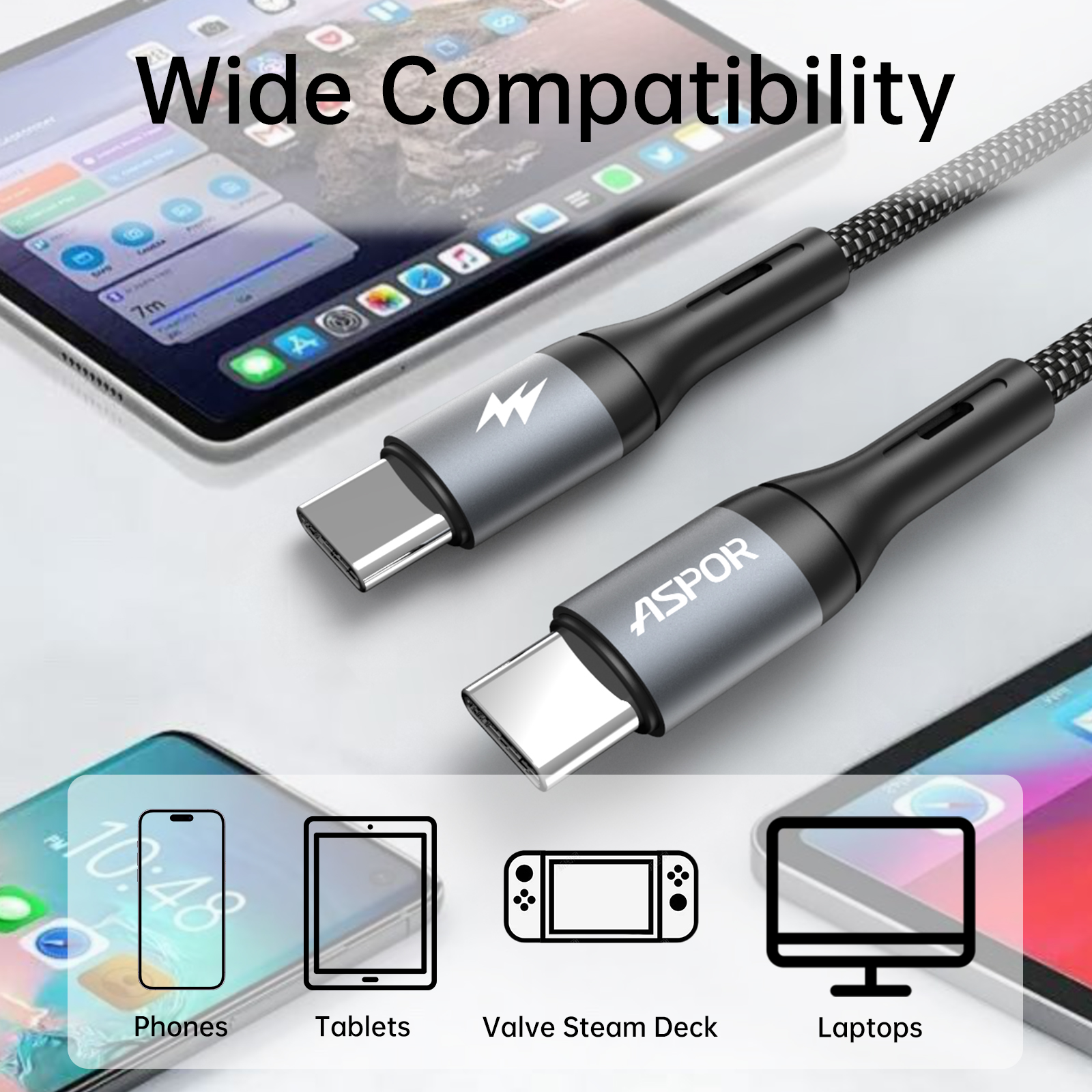 ac95fcc3-9725-4378-aea6-5aa3f60f09cb.jpg ⚡ كابل بيانات ASPOR AC-21L USB-C إلى USB-C – سرعة فائقة وأداء احترافي 2 متر بقدرة 100 واط 🔋 - الصورة 1